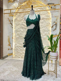 "MIDNIGHT EMERALD GREEN SEQUIN DRAPE SAREE"