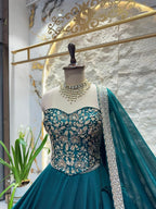 "TEAL BLUE EMBROIDERED LEHENGA"