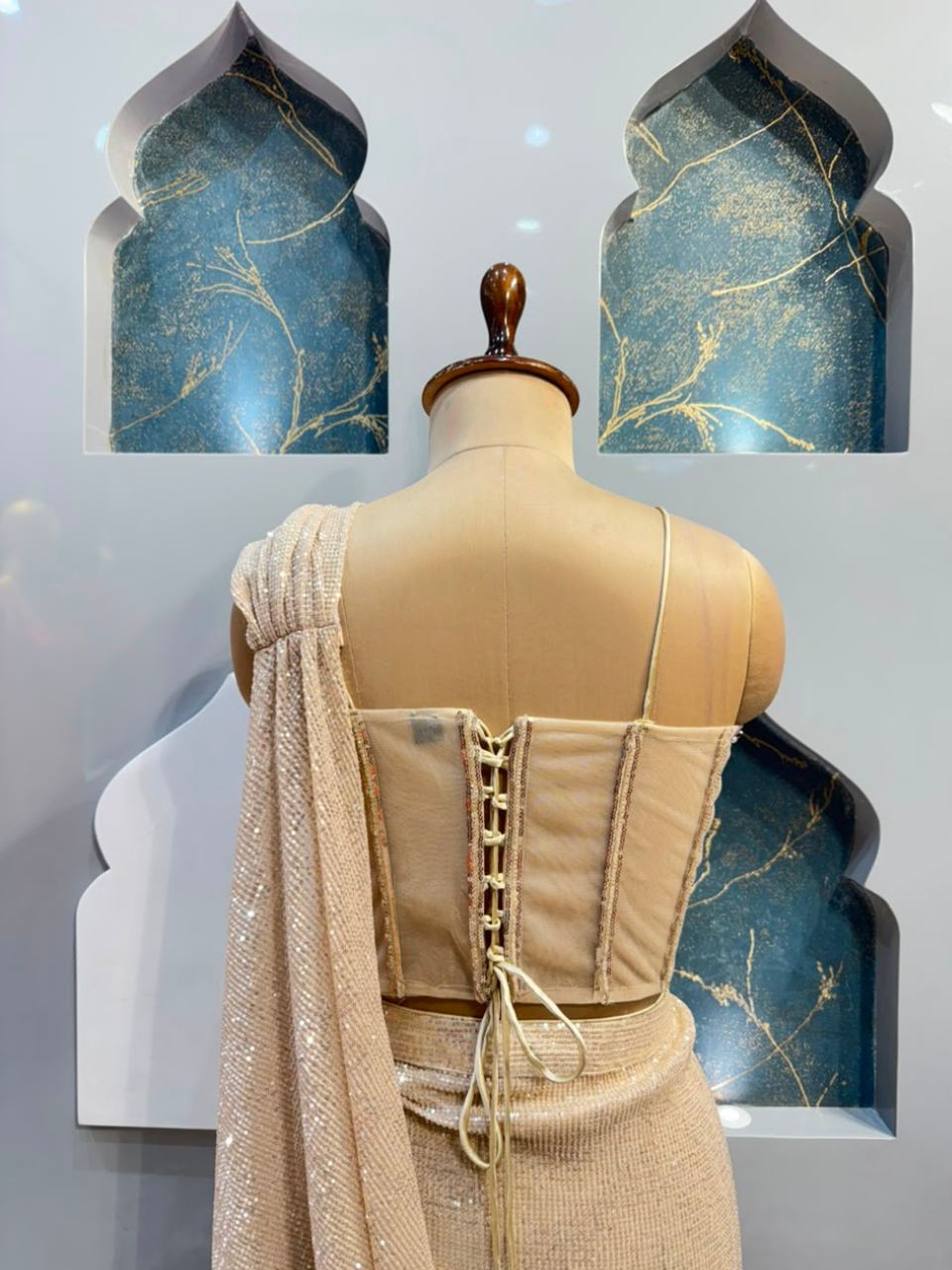 "CHAMPAGNE PEARL EMBELLISHED DRAPE SAREE"