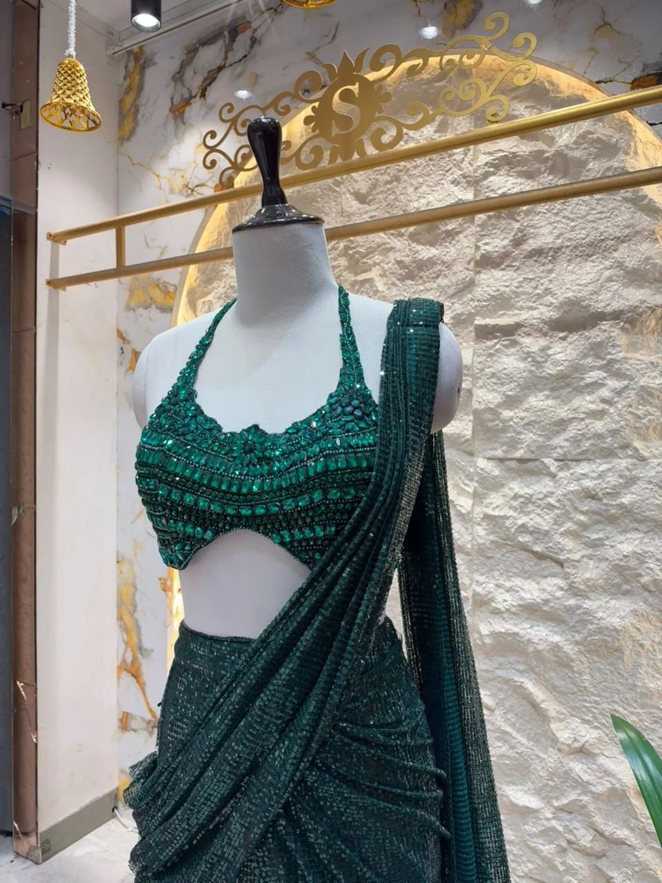 "MIDNIGHT EMERALD GREEN SEQUIN DRAPE SAREE"
