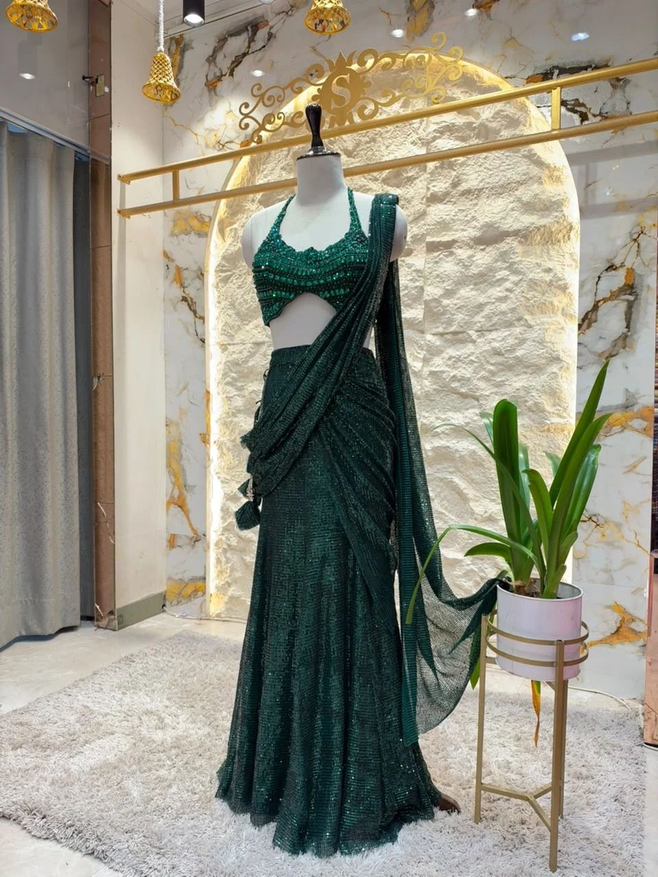"MIDNIGHT EMERALD GREEN SEQUIN DRAPE SAREE"