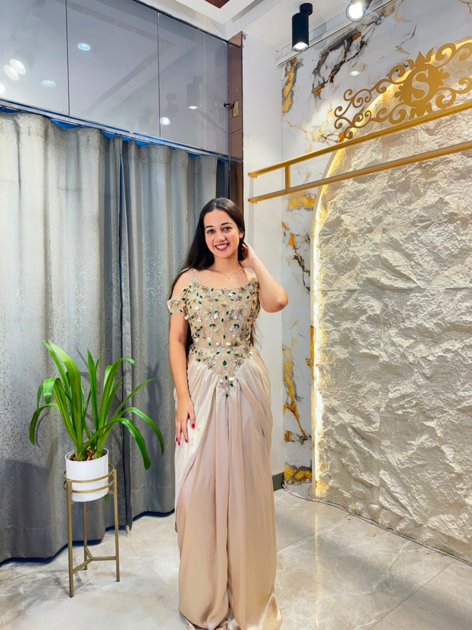 "CHAMPAGNE PEARL EMBROIDERED INDO-WESTERN"