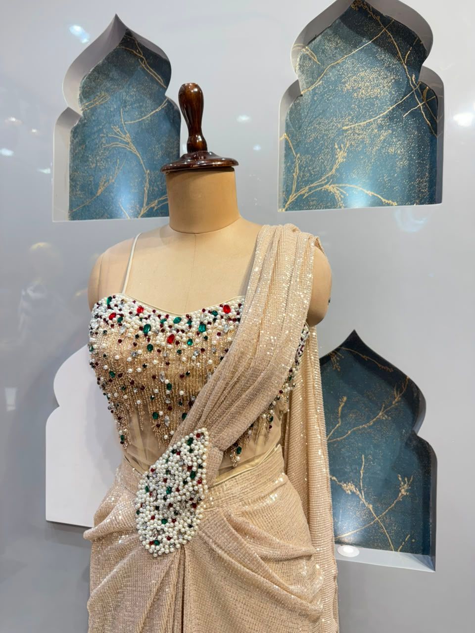 "CHAMPAGNE PEARL EMBELLISHED DRAPE SAREE"