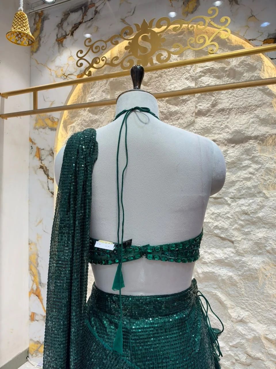 "MIDNIGHT EMERALD GREEN SEQUIN DRAPE SAREE"