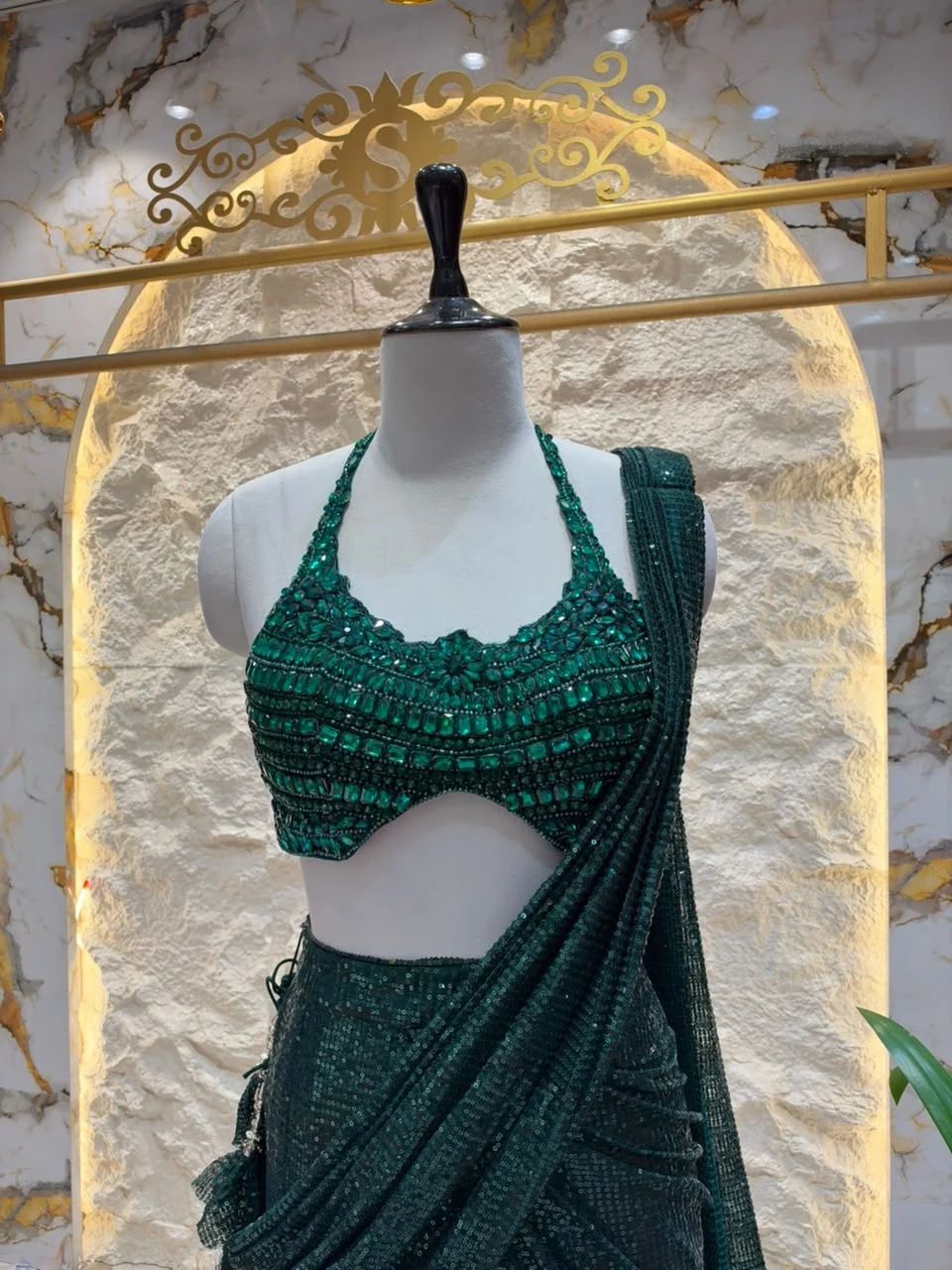 "MIDNIGHT EMERALD GREEN SEQUIN DRAPE SAREE"