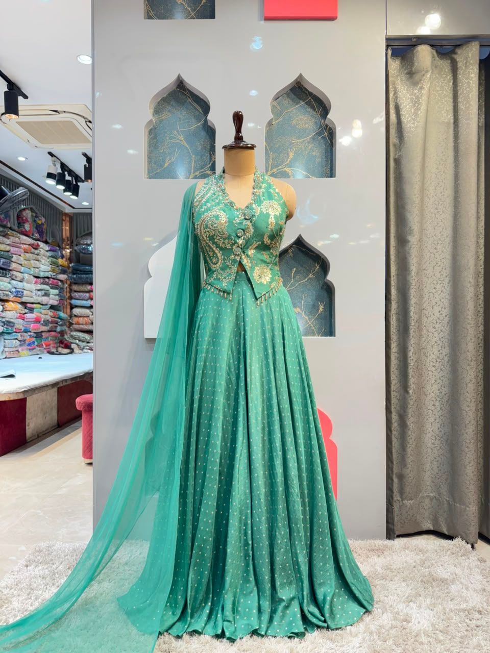 "EMERALD TEAL PAISLEY EMBROIDERED INDO-WESTERN"