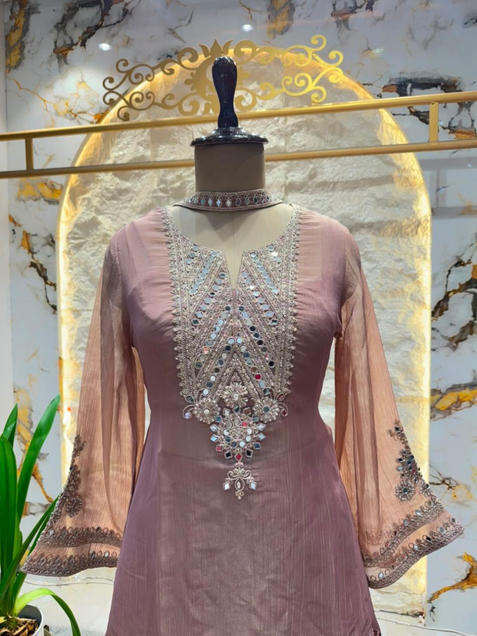 "MOCHA ROSE MIRROR EMBELLISHED SHARARA"