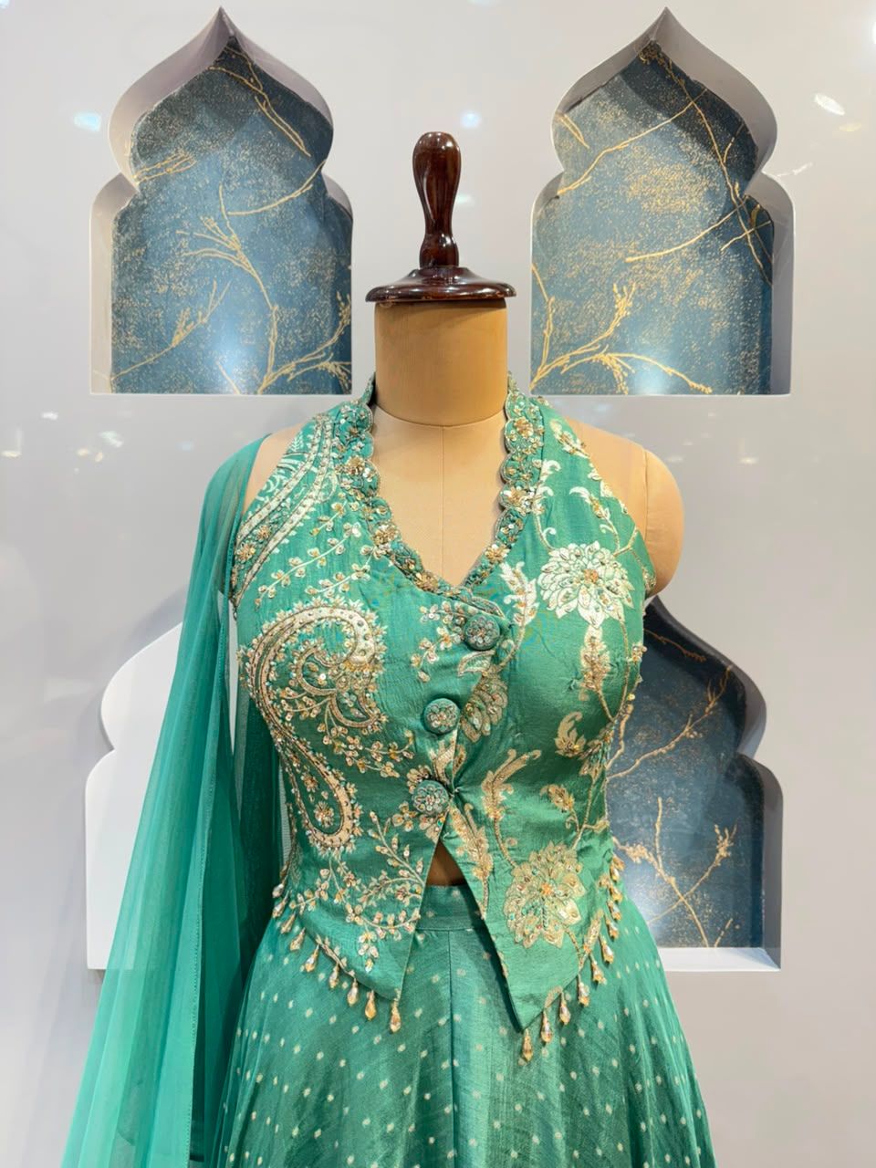 "EMERALD TEAL PAISLEY EMBROIDERED INDO-WESTERN"