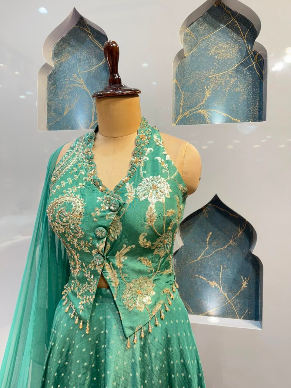 "EMERALD TEAL PAISLEY EMBROIDERED INDO-WESTERN"