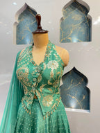 "EMERALD TEAL PAISLEY EMBROIDERED INDO-WESTERN"