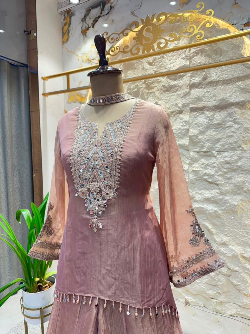 "MOCHA ROSE MIRROR EMBELLISHED SHARARA"