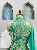 "EMERALD TEAL PAISLEY EMBROIDERED INDO-WESTERN"