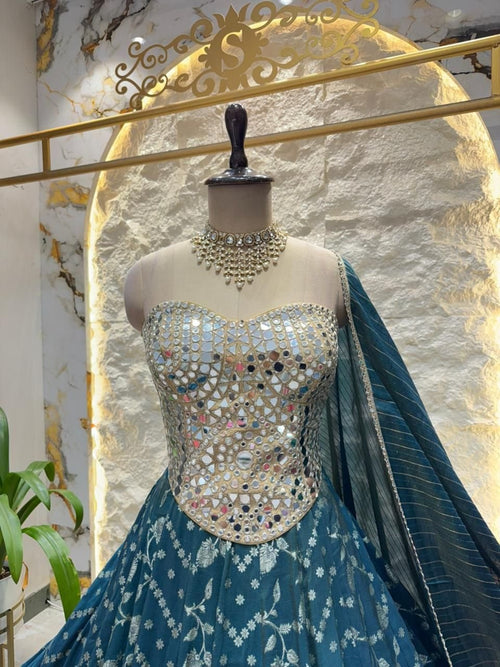 "MIDNIGHT TEAL MIRROR WORK LEHENGA" image 1
