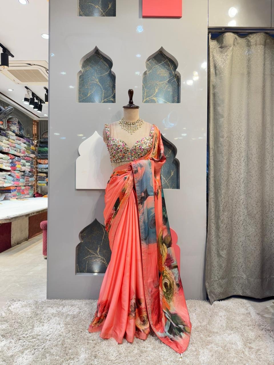 "ELEGANT CORAL PRINTED SAREES" image 0