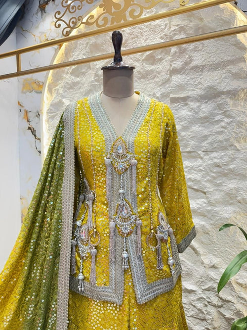 " SUNSHINE YELLOW MIRROR EMBELLISHED SHARARA AND INDOWESTERN " image 1
