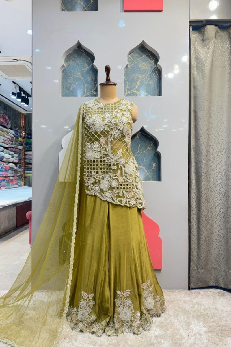 "OLIVE GREEN EMBROIDERED SHARARA" image 0