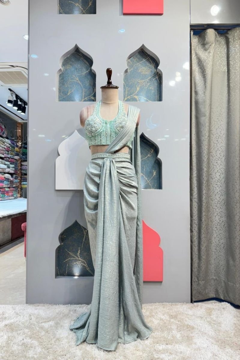 "ICE BLUE PRE- DRAPED SAREE" image 0