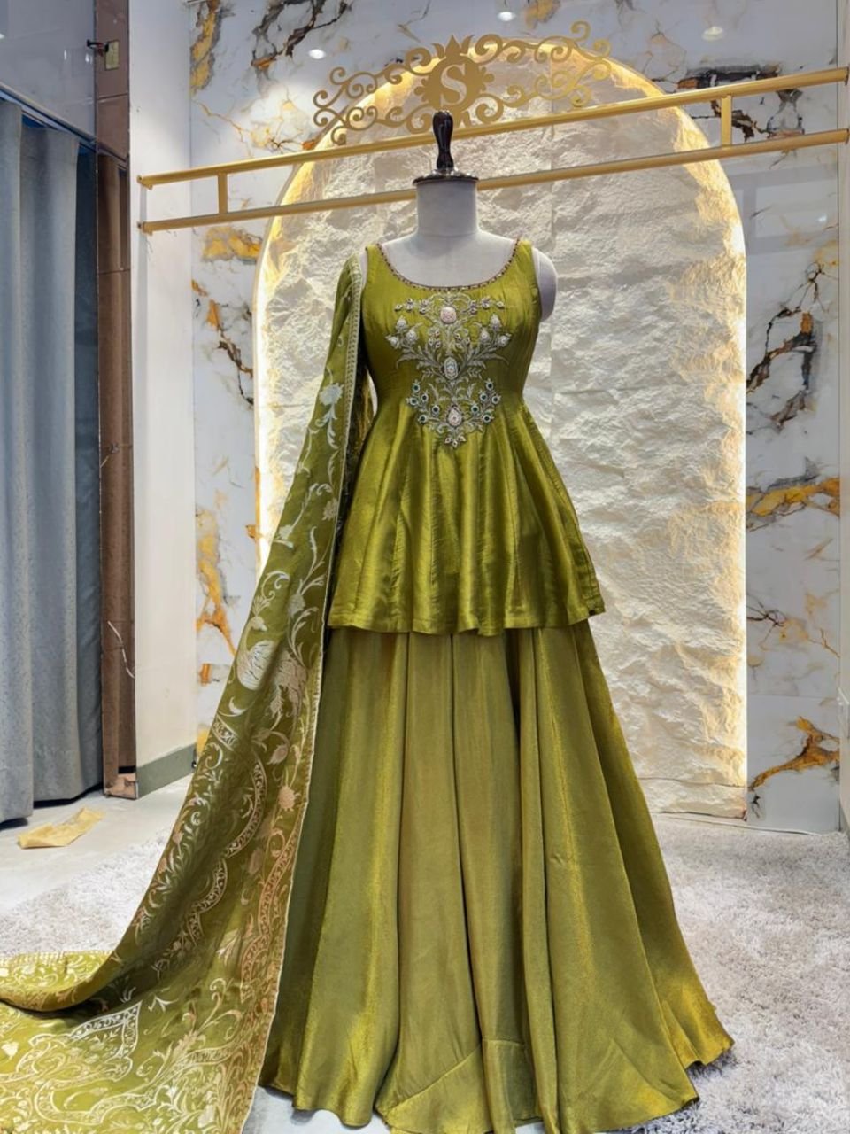 "OLIVE NOOR EMBROIDERED PEPLUM SHARARA" image 0