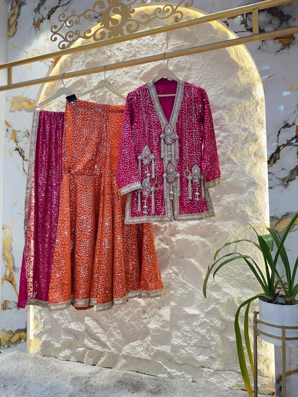 "RANI PINK & SUNSET ORANGE INDO-WESTERN SHARARA" image 0