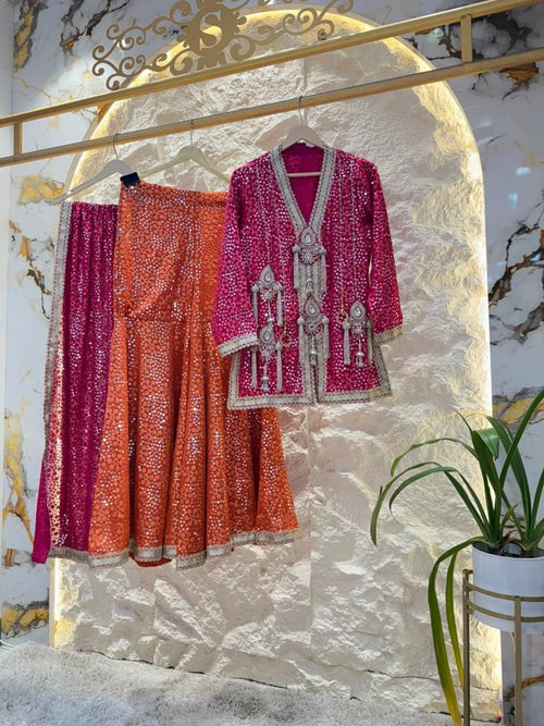 "RANI PINK & SUNSET ORANGE INDO-WESTERN SHARARA" image 0