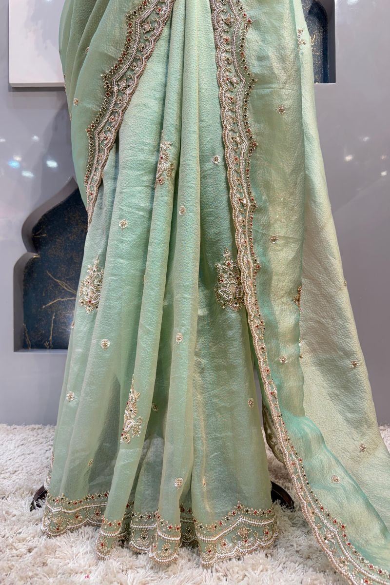 MINT GREEN EMBROIDERED SAREE image 4