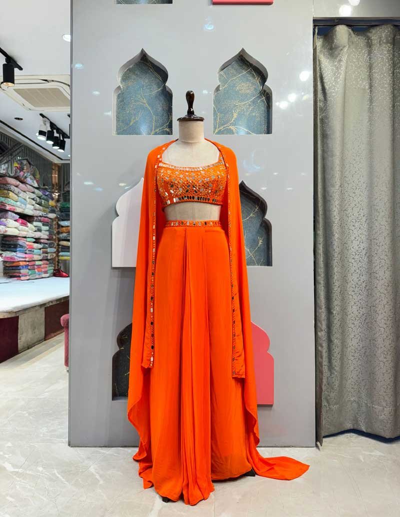 "VIBRANT ORANGE MIRROR-WORK INDO WESTERN SET" image 0