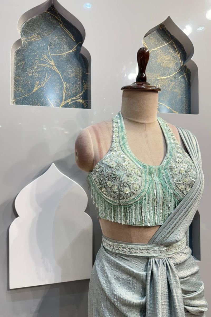 "ICE BLUE PRE- DRAPED SAREE" image 2