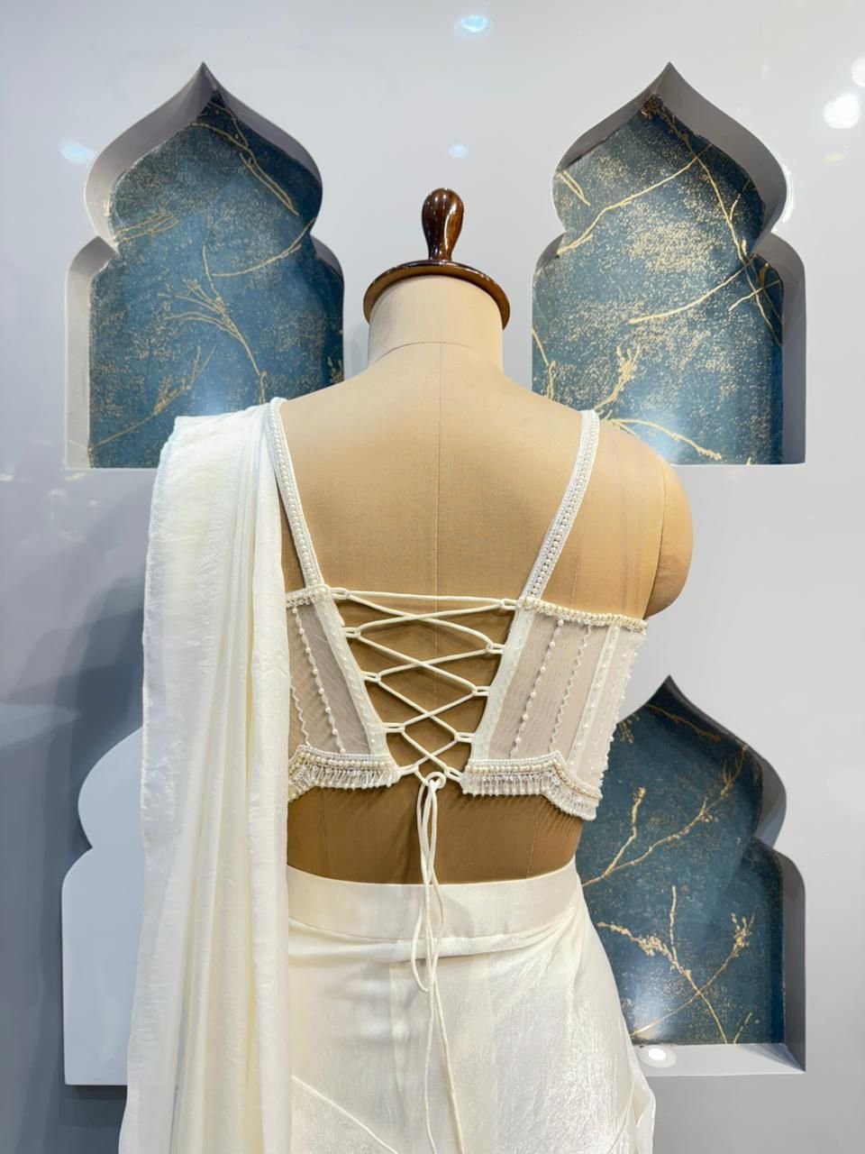 "IVORY PEARL EMBELLISHED DRAPE SAREE" image 4
