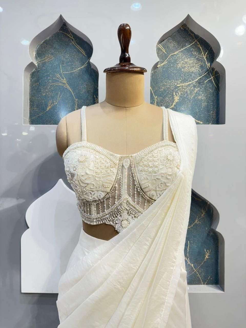 "IVORY PEARL EMBELLISHED DRAPE SAREE" image 1