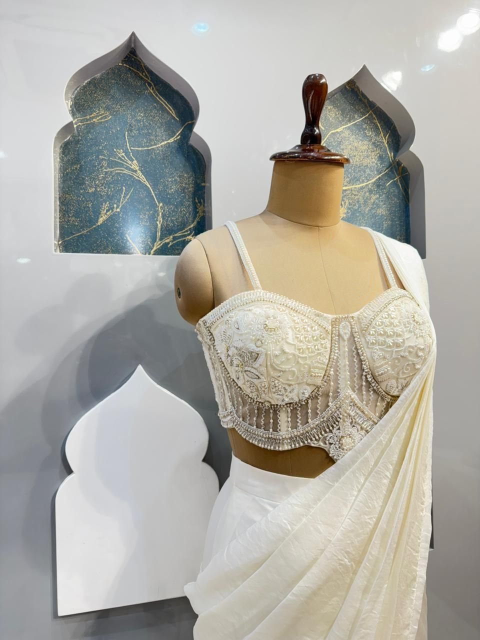 "IVORY PEARL EMBELLISHED DRAPE SAREE" image 2