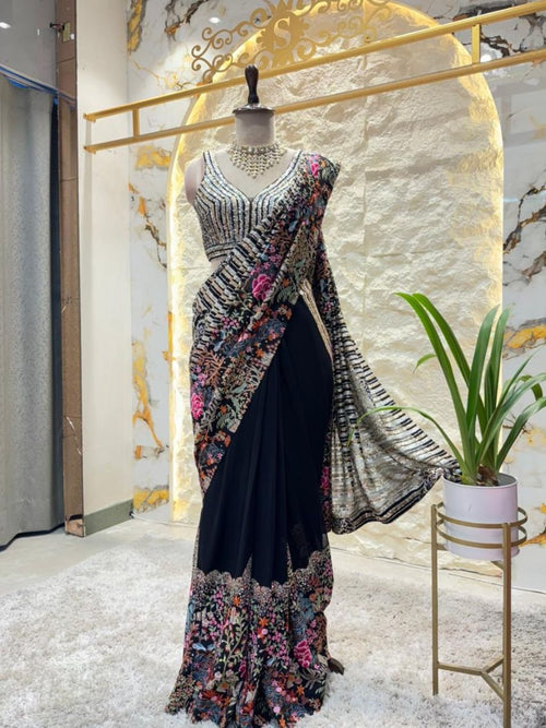 "NOIR GARDEN EMBROIDERED DESIGNER SAREE" image 0
