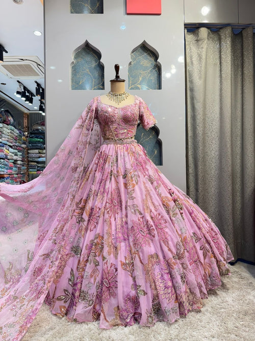"BLUSH PINK FLORAL EMBROIDERED LEHENGA" image 0