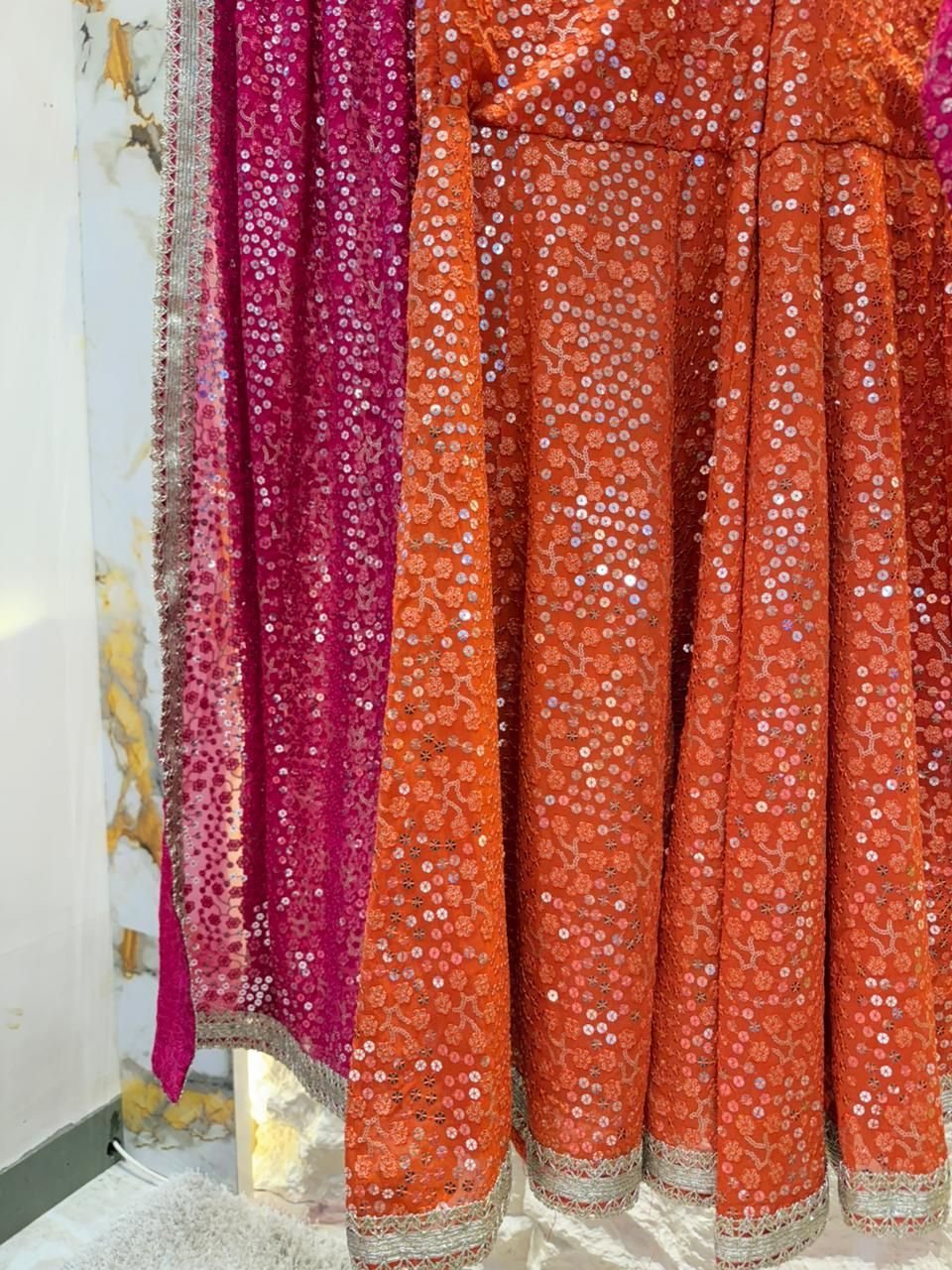 "RANI PINK & SUNSET ORANGE INDO-WESTERN SHARARA" image 2
