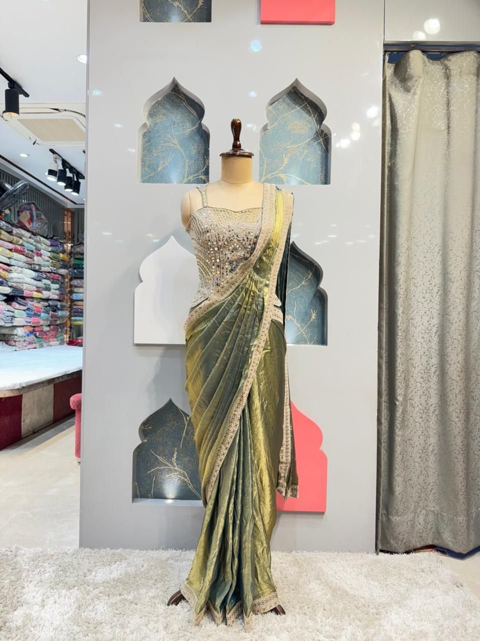 "OLIVE MIRROR GLAM DRAPE SAREE" image 0