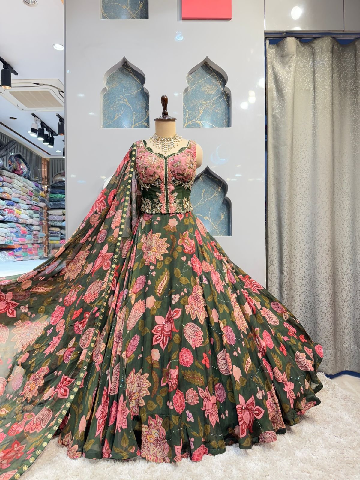 "FOREST GREEN FLORAL LEHENGA" image 0