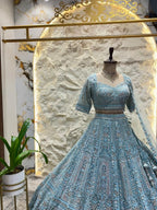 "ICE BLUE HERITAGE EMBROIDERED LEHENGA" image 3