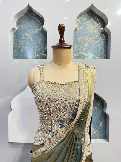 "OLIVE MIRROR GLAM DRAPE SAREE" image 1