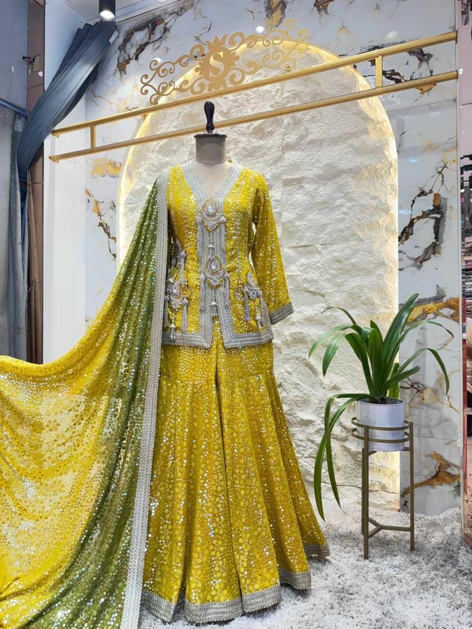 " SUNSHINE YELLOW MIRROR EMBELLISHED SHARARA AND INDOWESTERN " image 0