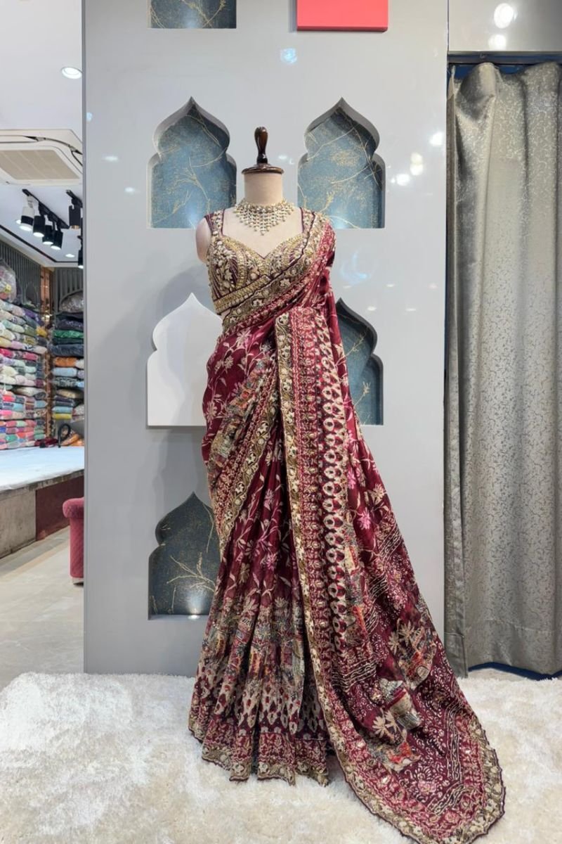 "REGAL WINE EMBROIDERED BRIDAL SAREE" image 0