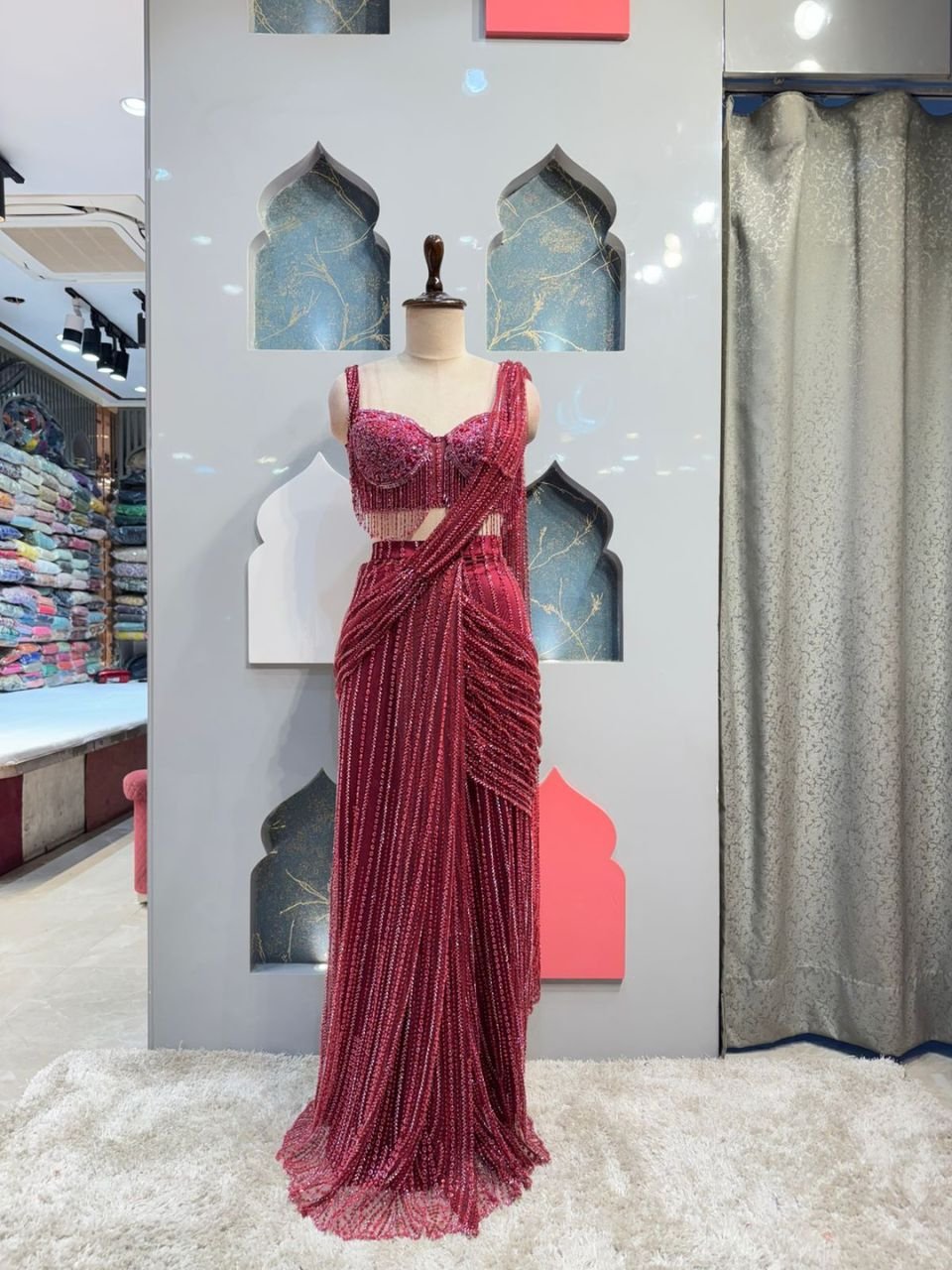 "RUBY GLAM SEQUINED DRAPE SAREE" image 0