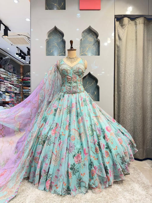 "PASTEL BLOOM PRINTED DESIGNER LEHENGA" image 0