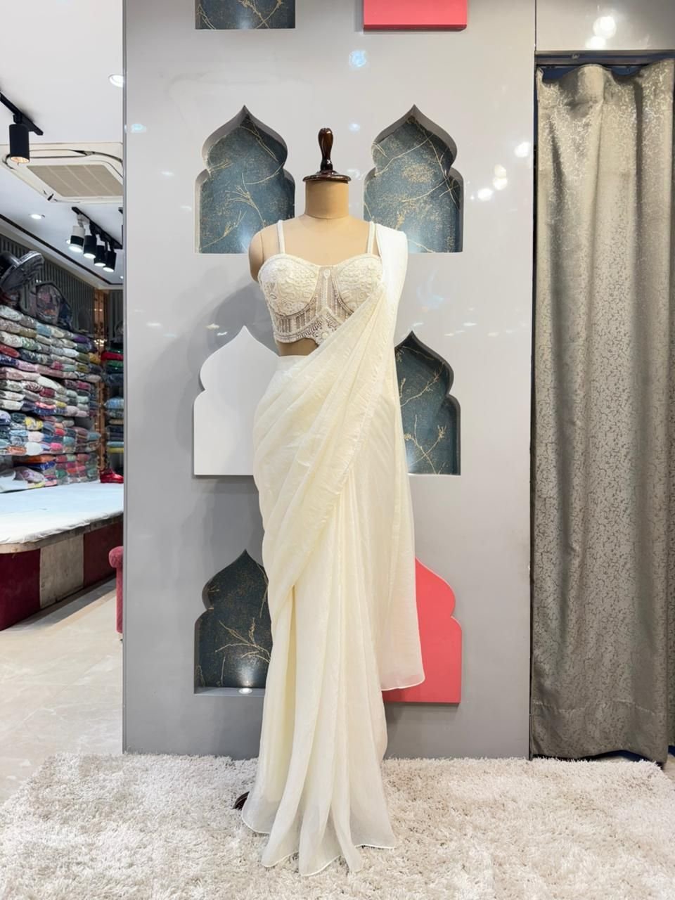 "IVORY PEARL EMBELLISHED DRAPE SAREE" image 0