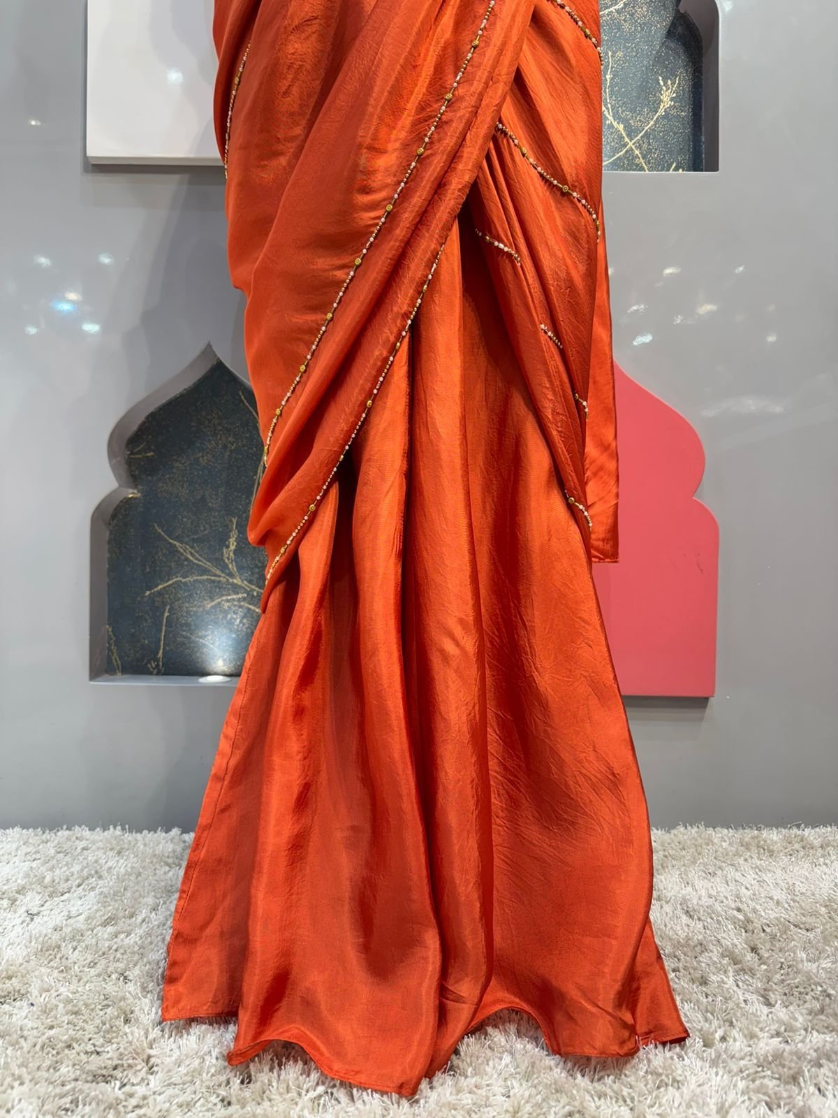 "BURNT ORANGE EMBELLISHED DRAPE SAREE" image 3