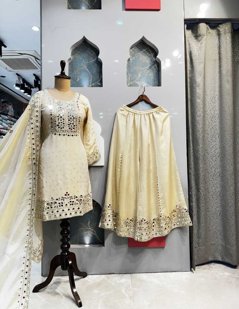 IVORY MIRRORWORK SHARARA SET image 0