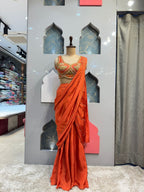 "BURNT ORANGE EMBELLISHED DRAPE SAREE" image 0