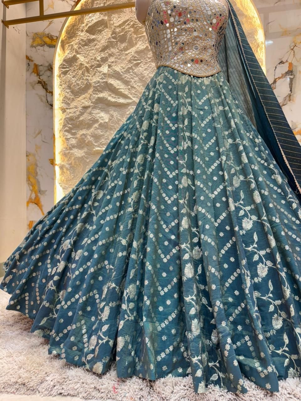 "MIDNIGHT TEAL MIRROR WORK LEHENGA" image 4