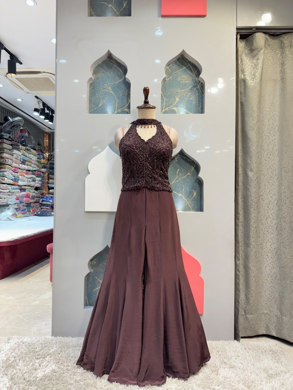 "CHOCOLATE BROWN EMBELLISHED HALTER INDO-WESTERN"