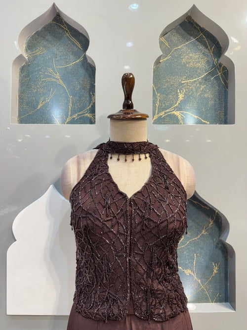 "CHOCOLATE BROWN EMBELLISHED HALTER INDO-WESTERN"