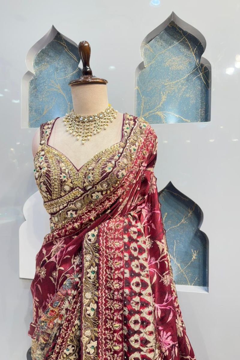 "REGAL WINE EMBROIDERED BRIDAL SAREE" - Image 4