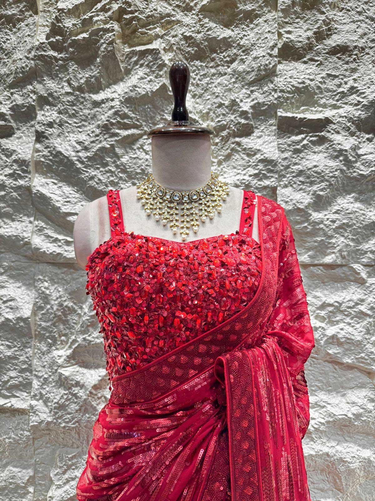 "CRIMSON SEQUIN ELEGANCE SAREE" - Image 2